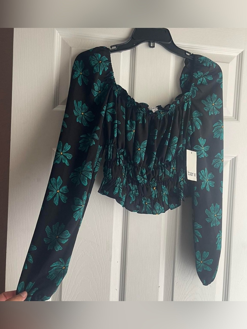 Bar III Black Crop Top with Teal Floral Print